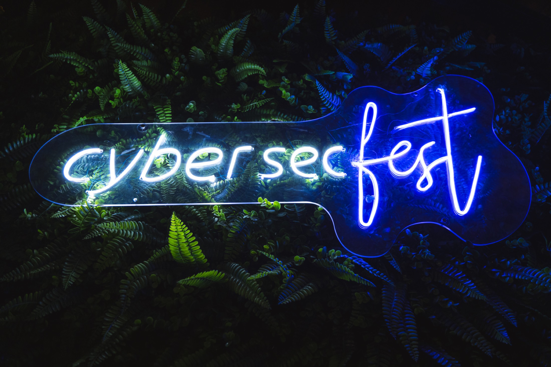 Neon do CyberSecFest entre plantas